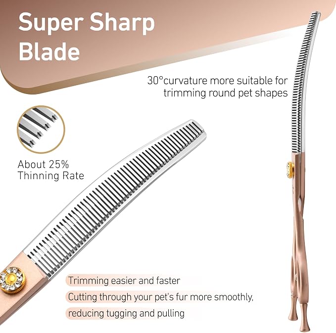 Professional Curved Thinner Dog Grooming Scissors 7.0'' Rose Gold Thinning Shears Extremely Sharp Blades 440C Stainless Steel Thinning Shears Durable Smooth Fine Cut for Dogs and Cats.