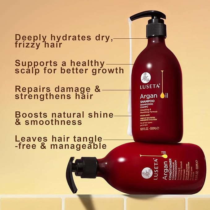 Luseta Argan Oil Shampoo & Conditioner Set for Dry Damaged Hair, 2 * 16.9oz | Smoothing & Thickening for Fine Hair, Anti-Frizz Care, Helps Smooth Strands, Provides Nourishment, Sulfate Free