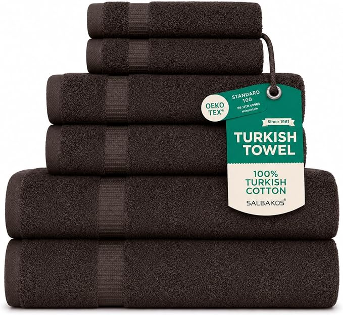 SALBAKOS 100% Turkish Cotton 6-Piece Towel Set | Premium Quality Hotel & Spa Collection | Soft, Super Absorbent 2 Washcloth, 2 Hand, 2 Bath Towel Sets | Made in Turkey (Chocolate, 6 Piece Towel Set)