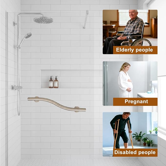2 Pack Wave ADA Grab Bars, 24 Inch, 500lbs Support, Brushed Nickel | Wave-shaped Decorative Grab Bar, 304 Stainless Steel, Fully-welded, Safety Rail for Seniors, Disabled & Injury Recovery