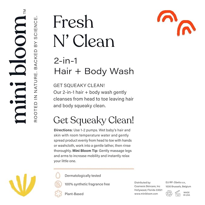 Mini Bloom Fresh N’ Clean 2-in-1 Hair + Body Wash | Shampoo Sulfate-Free | Baby & Kid Safe | Gently Cleanses Head to Toe w/Aloe leaf, Chamomile extract, Lavender & Botanicals 16.6 oz
