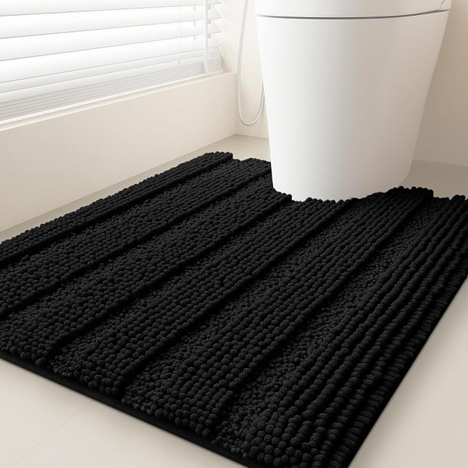 ACCUMTEK Striped Black Toilet Bathroom Rug Mat 24" x 20" Contour Rug Ultra Soft, Non Slip Chenille Bath Rugs, Absorbent Plush Shaggy Bath Mats for Bathroom, Bedroom, Kitchen, Shower, Tub