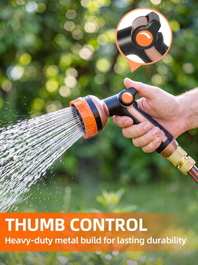 Garden Hose Nozzle, Metal Water Spray Nozzle with 8 Spray Patterns & Thumb Control, Heavy Duty Full Shower Water Nozzle for Lawn & Plant Watering, Car & Pet Washing, Orange