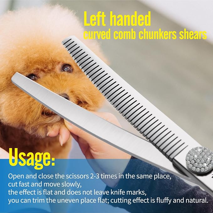 Professional Left Handed Curved Comb Thinner Dog Grooming Scissors 7.0'' Curved Thinning Shears for Dogs Pet 56 Teeth 50% Thinning Rate Japan VG10 Sharp and Durable