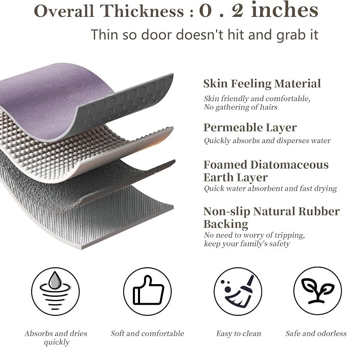 2 Piece Bathroom Rugs Mat Set - Quick Dry Diatomaceous Earth Bath Mat for Bathroom Non-Slip Bath Rug with Rubber Backing, Absorbent Bath Mat Thin Bath Floor Mat, 15.7x23.6+15.7x47.2 Inch, Lavender