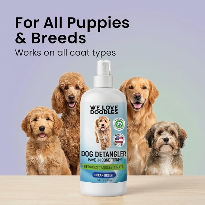 We Love Doodles Dog Detangler Spray - Leave-in Conditioner for Dogs - Dog Detangling Spray - Dematting Spray for Dogs - Tangle Remover - Made in The USA - Large 16 fl oz (Ocean Breeze)