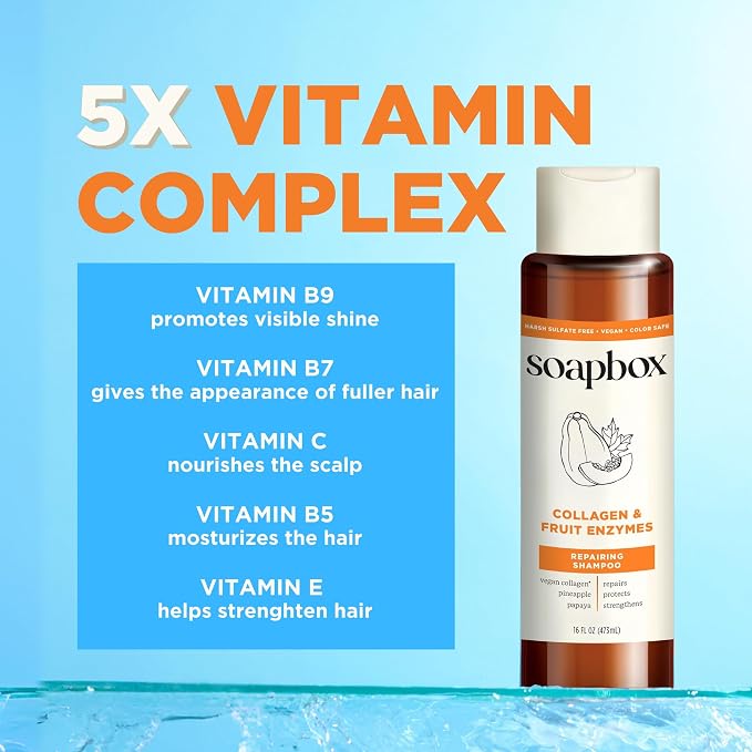 Soapbox Collagen & Fruit Enzymes Shampoo & Conditioner Set, Protects, Repairs & Strengthens Hair - Clean Ingredients Free of Harsh Chemicals, Sulfates, Parabens & Silicones - 16 oz Each