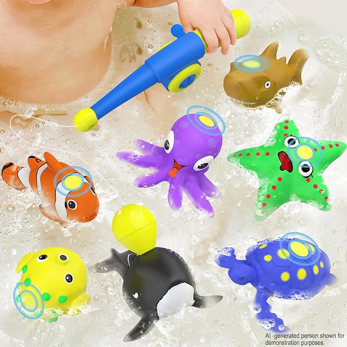Color Changing No Hole Magnetic Fishing Bath Toys for Kids Toddlers Baby, Color Change Water Table Toys Sea Creatures with Fishing Rod (9 Packs)