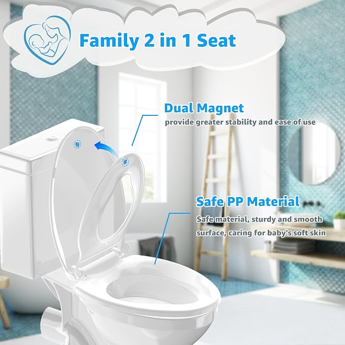 Huttdmel Elongated Toilet Seat with Toddler Seat Built In,2 in 1 Adult & Child, Soft Close, Magnetic Child Seat,Top & Bottom Mount,Never Loosen Hinges, Fits Standard Elongated Toilets 18.5'', White