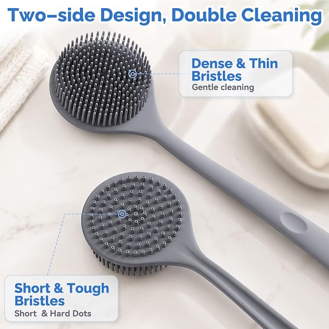 Manmihealth Silicone Back Scrubber (Thin Bristles) & Shower Face Brush Set(3PCS), Gentle-Cleaning & Exfoliating Body Scrubber, Bath Glove, Face Scrubber Combination (Gray)