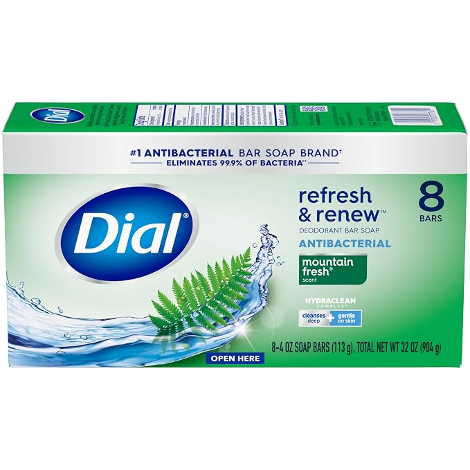 Dial Antibacterial Bar Soap, Refresh & Renew, Mountain Fresh, 4 oz, 32 Bars (Pack of 3)
