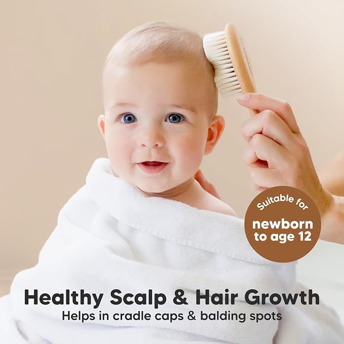 Wooden Baby Hair Brush for Toddler, Infant Cradle Cap (Walnut, Petite) | Soft Goat Bristles Brush for Newborn Girl, Boy Hair, Scalp, Styling, Gentle Grooming, Baby Comb, Baby Bath Essentials