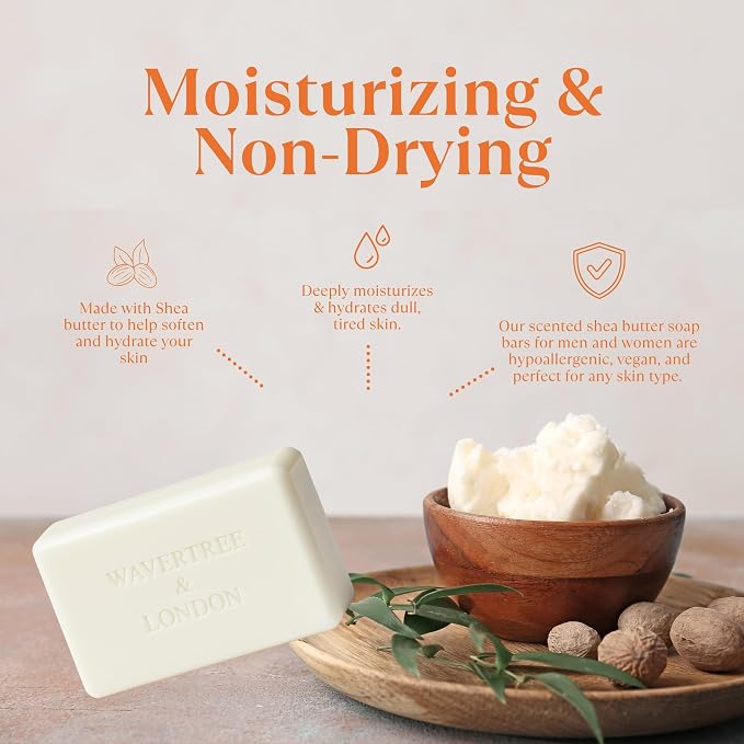 Wavertree & London Summer Spritz Scented Natural Soap Bar, 7oz Moisturizing French Triple Milled Soap Bar for Women & Men Enriched with Organic Shea Butter, Pure Bath & Body Soap (1 Bar)