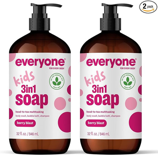 Everyone 3-in-1 Kids Soap, Body Wash, Bubble Bath, Shampoo, 32 Ounce (Pack of 2), Berry Blast, made with Essential Oils for Toddlers, Tweens and Teens
