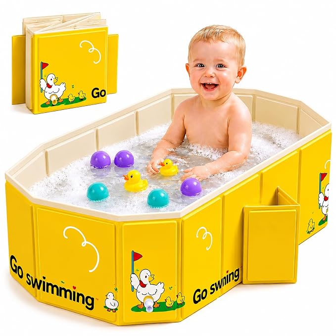 Collapsible Baby Bathtub, Portable Toddler Bathtub with Dual Drain, Foldable Baby Bath Tub for Shower Without Assembly, Small Water Play Pool for Travel & Home, Age 1-5