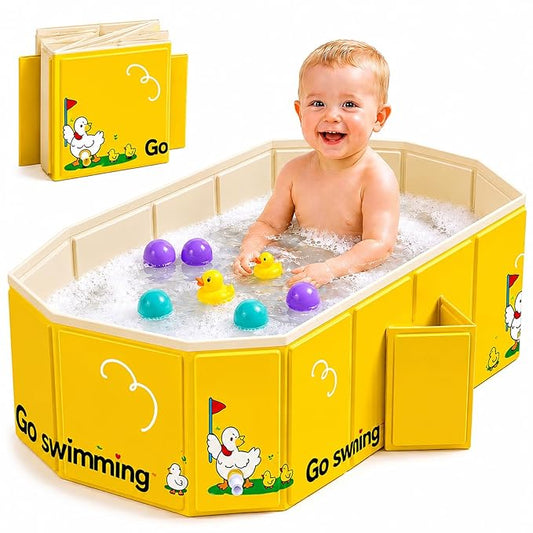 Collapsible Baby Bathtub, Portable Toddler Bathtub with Dual Drain, Foldable Baby Bath Tub for Shower Without Assembly, Small Water Play Pool for Travel & Home, Age 1-5