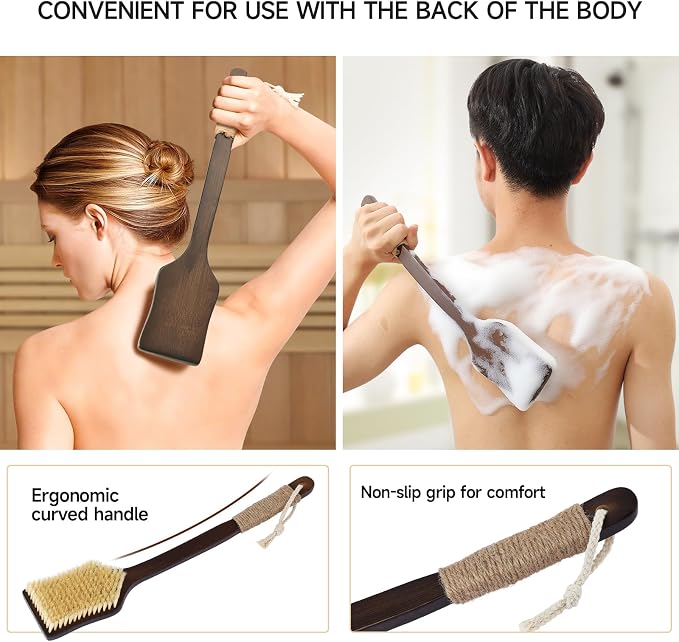 Back Scrubber Shower Brush,Dry Brushing Body Brush with 17.7 Inch Curved Long Handle, Natural Bristles for Lymphatic Drainage, Soft & Stiff Bristles Available (Natural Fiber, Soft)