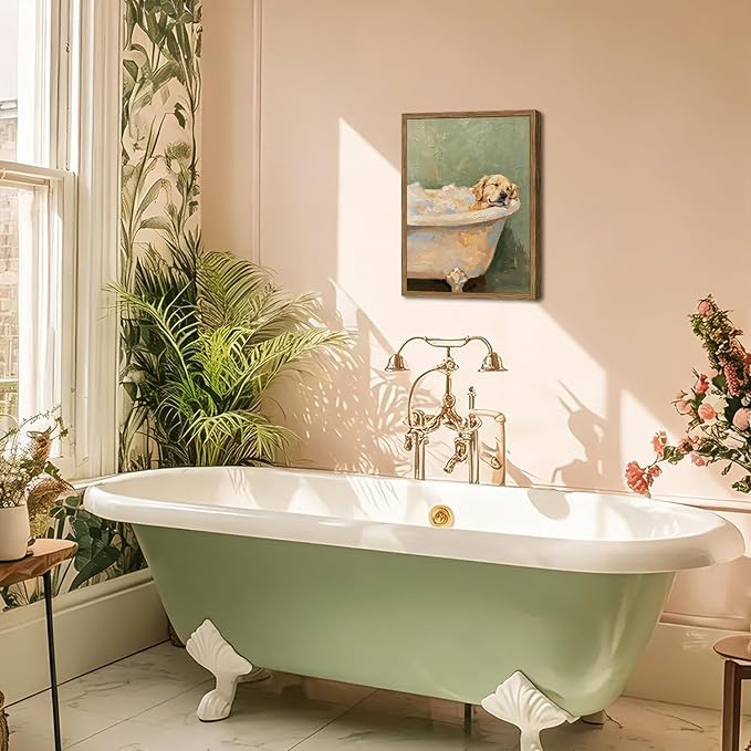 Funny Dog Bathroom Wall Art Cute Golden Retriever in Bathtub Wall Decor Picture Whimsical Bathroom Dog Poster Canvas Painting Print 12x16 inch Wood Framed