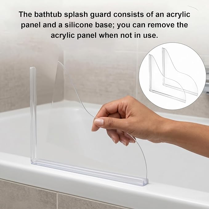 Bremorou 2pcs Splash Guard for Bathtub, Shower Splash Water Guard, Self-Adhesive Waterproof Tub Corner Guards, Silicone Base and Acrylic Plate, Prevent Water Splashing, Pack of 2