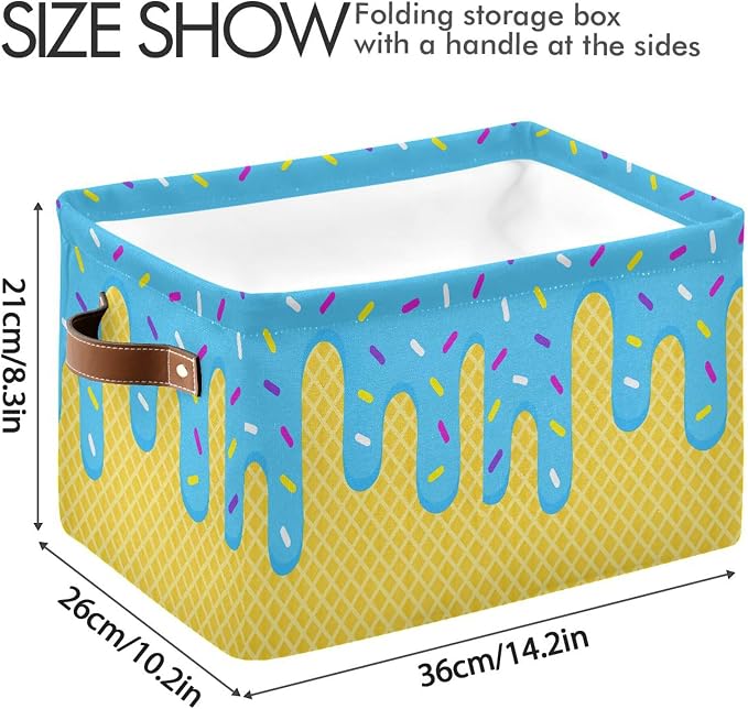 Wamika Ice Cream Drip Baseball Storage Basket with Waterproof Liner and PU Handles Blue Candy Storage Bins Boxes 14.2" Collapsible Decorative Organizer Baskets for Bedroom Closet Office 1 Pack