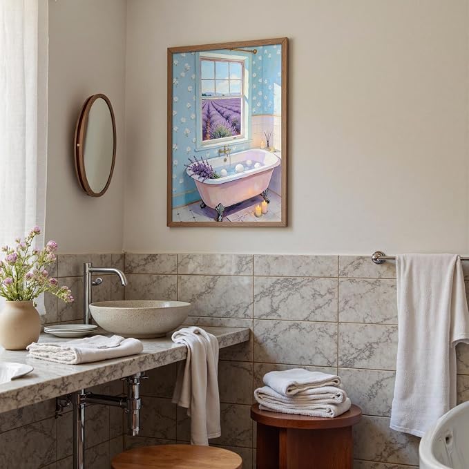 Lavender Field Bathroom Wall Art Serene Pink Clawfoot Tub Poster Floral Farmhouse Spa Oil Painting Print Aesthetic Wall Decor for Powder Room Apartment 16X24 in Black Framed