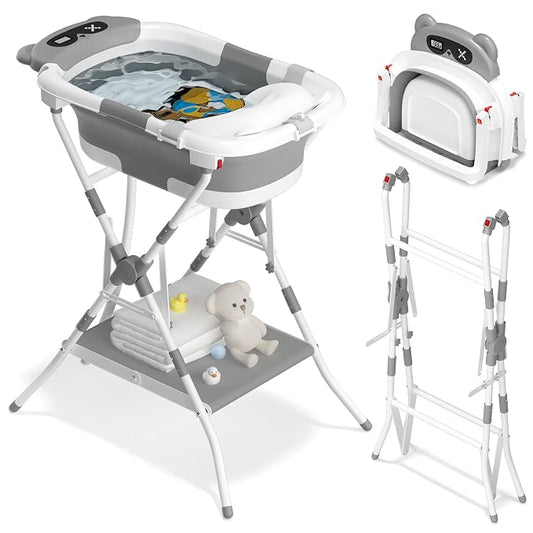 AVIDOR 2-in-1 Baby Bathtub with Stand for Newborn and Infants, Foldable Baby Bath Tub, Baby Shower Gifts for New Parents, Gray