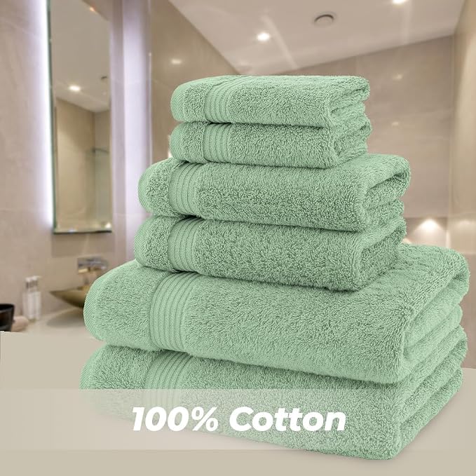 American Bath Towels 100% Cotton 6 Piece Turkish Towel Set, Ultra Soft Absorbent Bathroom Towels, 2 Bath Towel 2 Hand Towels 2 Washcloths, Sage Green