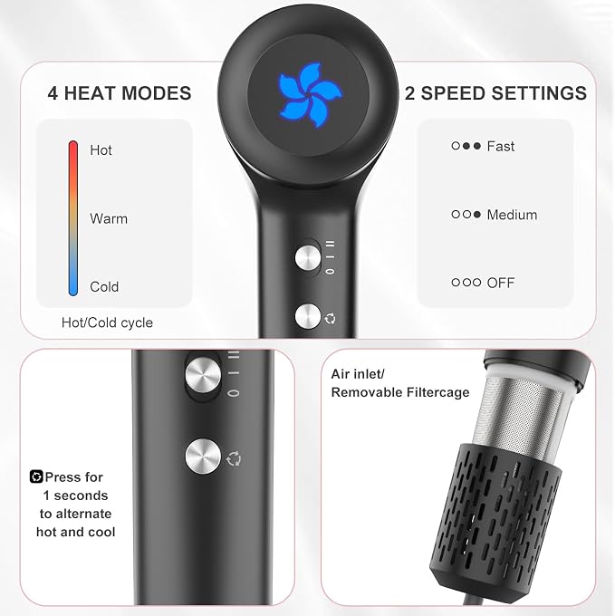 ZPP Hair Dryer, Professional High-Speed Ionic Blow Dryer, 110000 RPM Brushless Motor High Speed Motor for Fast Drying Low Noise Thermo-Control Hairdryer for Travel Women Men