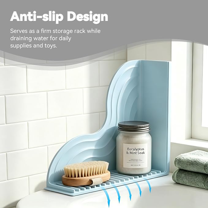 Shower Splash Guard 2-Pack – All-Silicone Bathtub Splash Guard with Strong Suction Cups, Reusable Shower Water Blocker for Bathtubs and Countertops (Blue, L-2pcs)