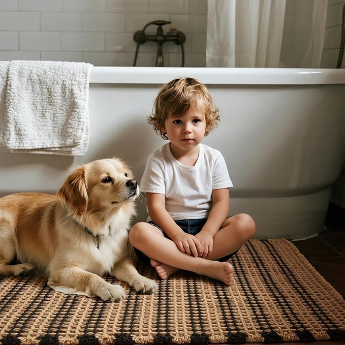 Triohero Waffle Bath Mat, Boho Bathroom Rugs Non Slip Washable, Ultra Soft Super Absorbent Quick Dry Farmhouse Bathroom Decor, 24" x 48", Khaki & Black