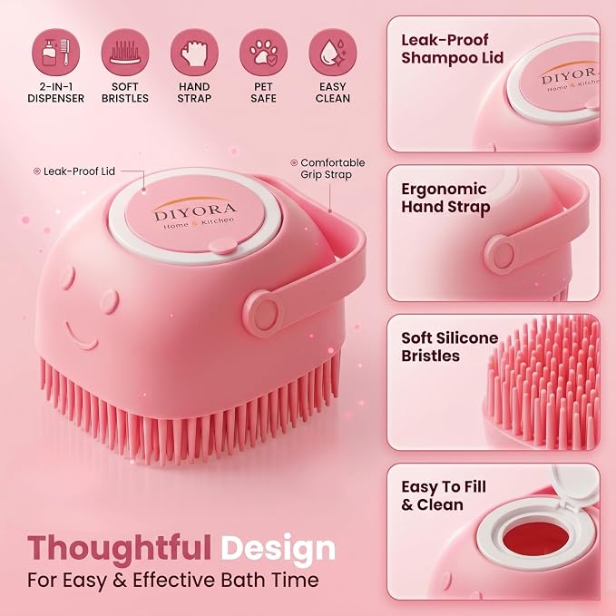 DIYORA Pet Shampoo Brush, 2-in-1 Silicone Bath Brush with Soap Dispenser for Dogs & Cats, Grooming, Massaging, Shedding & Deep Cleaning Tool for Short Hair, Long Hair & Small Pets(Pink)