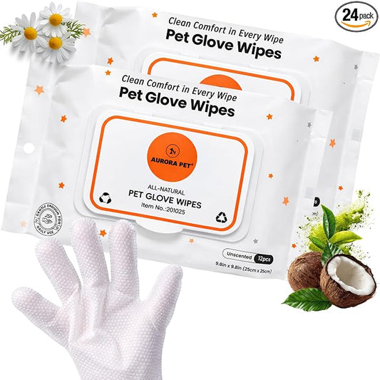 Aurora Pet Glove Wipes for Dogs & Cats, Wearable No-Rinse Grooming Glove Wipes for Paws, Face, Ears & Body, Hypoallergenic Disposable Pet Cleaning Wipes, Unscented, 24 Count