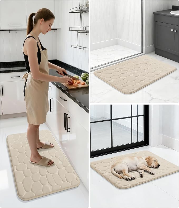 YIHOUSE Memory Foam Bath Mat Cobblestone Bathroom Rugs Super Water Absorbent Bath Mats for Bathroom Machine Washable Bath Rugs(20x32,Khaki)