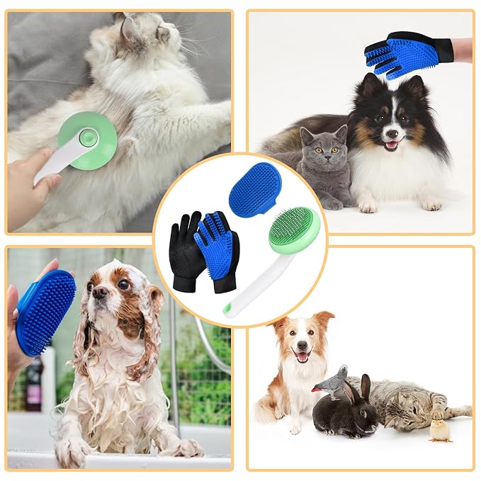 Cat Grooming Glove Brush, Self-Cleaning Slicker Pet Brush for Short and Long Haired Pets, Dog Bath Brush for Shedding and Grooming, Removes Loose Hair and Tangles, Green