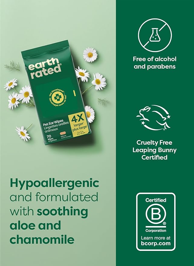 earth rated Dog Ear Wipes, Vet-Developed Pet Ear Wipes for Dogs & Cats, Hypoallergenic Cleaner to Remove Dirt and Wax, Wild Oat Scent, 70 Count