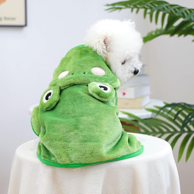 Dog Bathrobe with Hood Super Absorbent Soft Quick Drying Towel Wrap Adjustable Puppy Cat Bath Robe Towel for Cold Weather Beach Pool (Green Frog, Small)