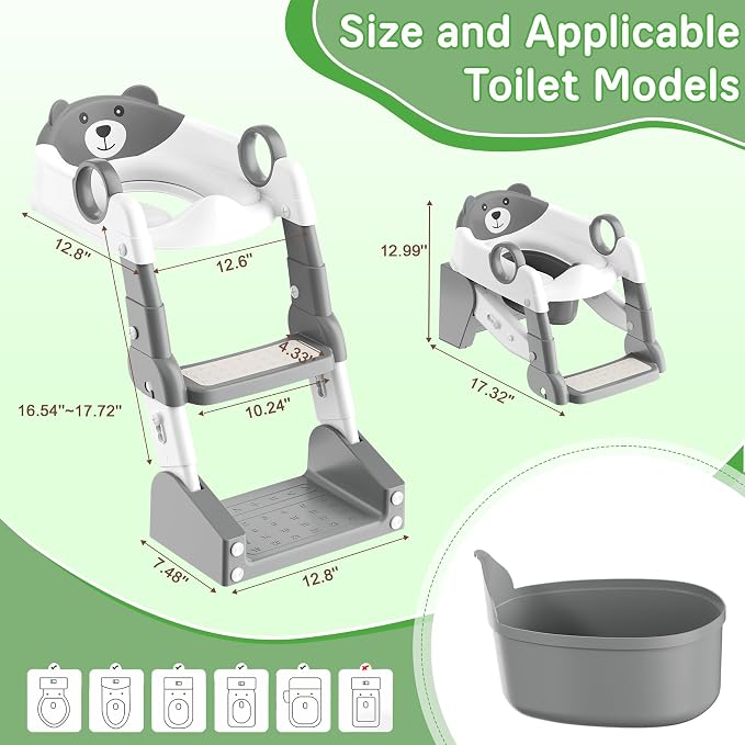 Potty Training Seat, 2-in-1 Toddler Toilet Training Seat & Potty Chair for Kids Boys Girls, Height Adjustable Toilet Seat with Splash Guard, Stable Wide Base Design, Anti-Slip Steps Stool