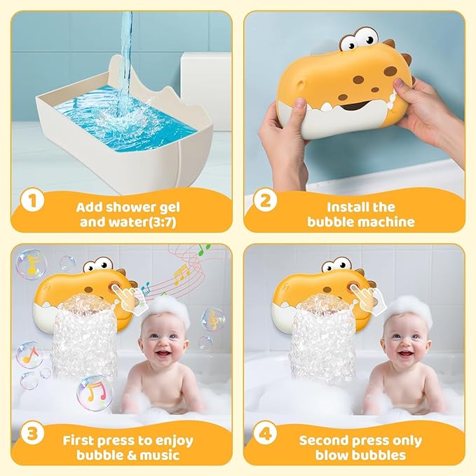 Baby Bath Toys, Rechargeable Dinosaur Bath Bubble Machine with Music, Bathtime Bathtub Toys for Toddlers Birthday Easter Gifts, Bubble Maker Toys for Kids Ages 1-3 4-8 Baby Gifts (Yellow)