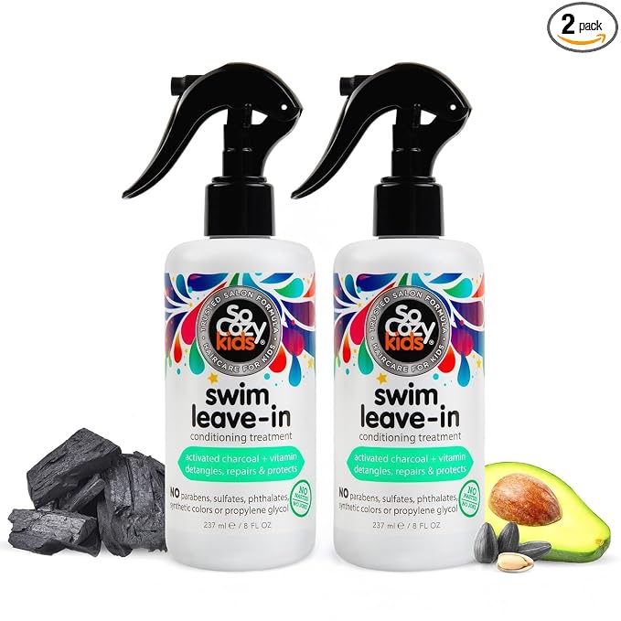 SoCozy Swim 2-in-1 Leave In Conditioner Spray & Treatment for Kids Hair (8 Fl Oz, Pack Of 2) Protects & Repairs Pool, Sun & Salt Damaged Hair, Activated Charcoal, Vitamin B5 & Sunflower Seed Extract