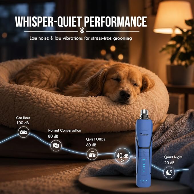 Candure Whisper Quiet Dog Nail Grinder with 360 Degree LED Light, 6-Speed Rechargeable Pet Nail Trimmers with Extra Grinding Head for Safe, Stress-Free Grooming for All Pet Sizes