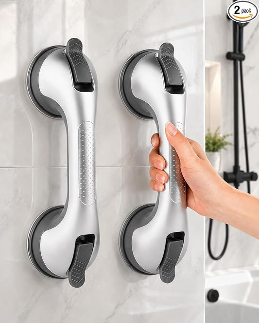 Gel-Enhanced Shower Grab Bars for Seniors and Elderly, 2 Pack Heavy Duty Suction Safety Bars for Bathtubs and Showers, No Drilling Removable Bathroom Handles for Tub and Shower Support