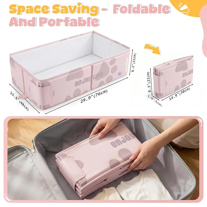Orzbow Toddler Bathtub with Temperature Sticker, Collapsible Baby Bathtub with Side Drain Plug, Portable Bath Tub for Infant 6 Months+, Easy to Clean, Stable & Durable, Folds to Store, Pink