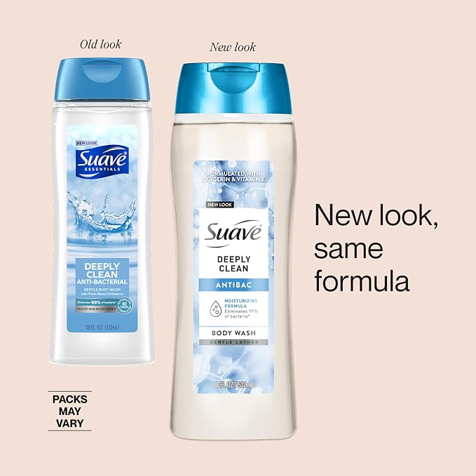 Suave Deeply Clean Antibacterial Body Wash with Glycerin & Vitamin E, Moisturizing Skin Cleanser For Soft, Smooth Skin, Long Lasting Scent, Paraben Free, 18 fl oz, 6 Count