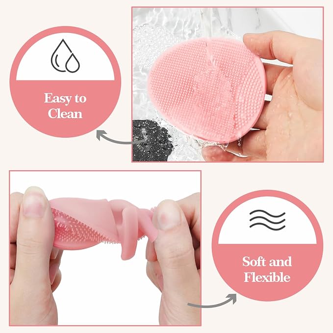 Manmihealth Silicone Back Scrubber (Thin Bristles) & Shower Face Brush Set(3PCS), Gentle-Cleaning & Exfoliating Body Scrubber, Bath Glove, Face Scrubber Combination (Random Color Pink or Black)