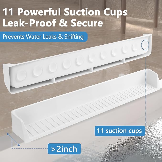 31.5" Bathtub Splash Guard for Tub Kids, Silicone Splash Shield with 11 Suction Cups, Toy Tray Shelf, No Spill Water Barrier, Prevents Mess, Fun Bathtime for Toddlers Baby–White