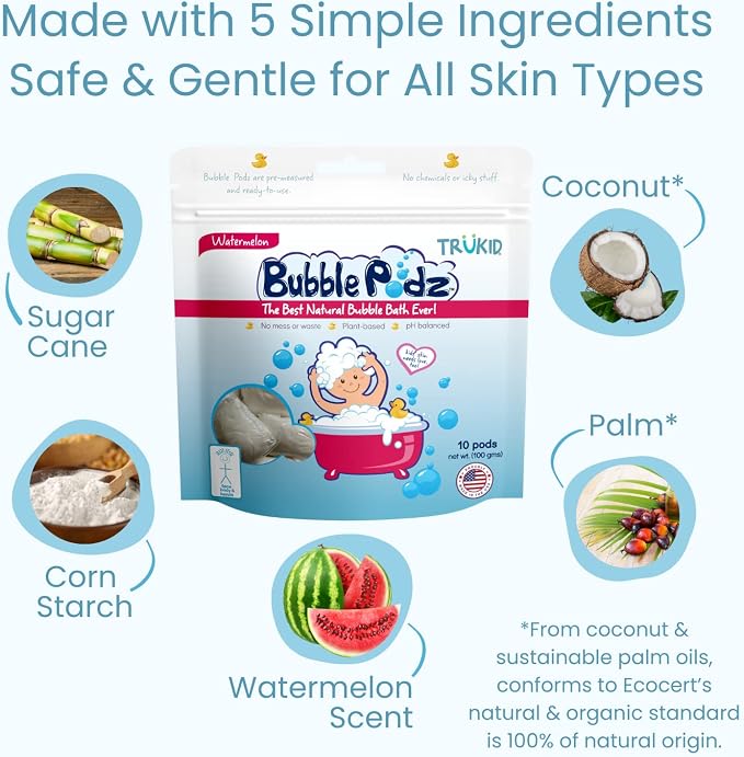 TruKid Bubble Podz Bubble Bath for Kids, Toddlers, & Babies, Tear Free Gentle & Refreshing Bath Bomb for Sensitive Skin with Natural Moisturizers, Non-Toxic, pH Balanced, Watermelon Scent (10 Podz)