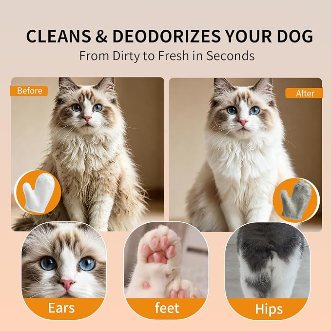 Cleaning Glove Wipes for Dogs & Cats, Hypoallergenic Nourish Fur Pet Grooming Glove Wipes, Pet Rinse Bathing Wipes, Deodorizing & Hypoallergenic Pet Cleaning Gloves for Grooming, Paws, & Body