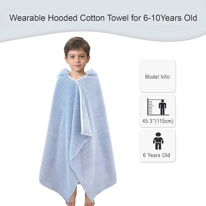 VOOVA & MOVAS Hooded Bath Towels for Kids | Soft Absorbent 100% Cotton Thick Towel Wrap | Versatile Beach, Pool, Swim & Bath Cover-Up | Blue White Thin Horizontal Stripe