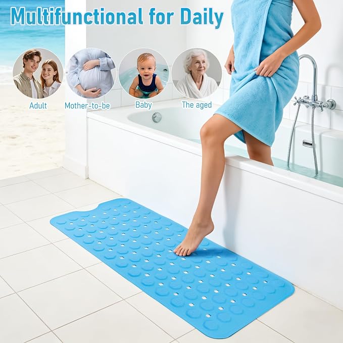Silicone Anti Slip Bathtub Mat Bath Shower Non-Slip 35x16 for Standard Tub Kids for Elderly Safety Large Thick with Sensory Acupressure Textured Strong Suction Cups & Drain Holes Easy Clean & Dry