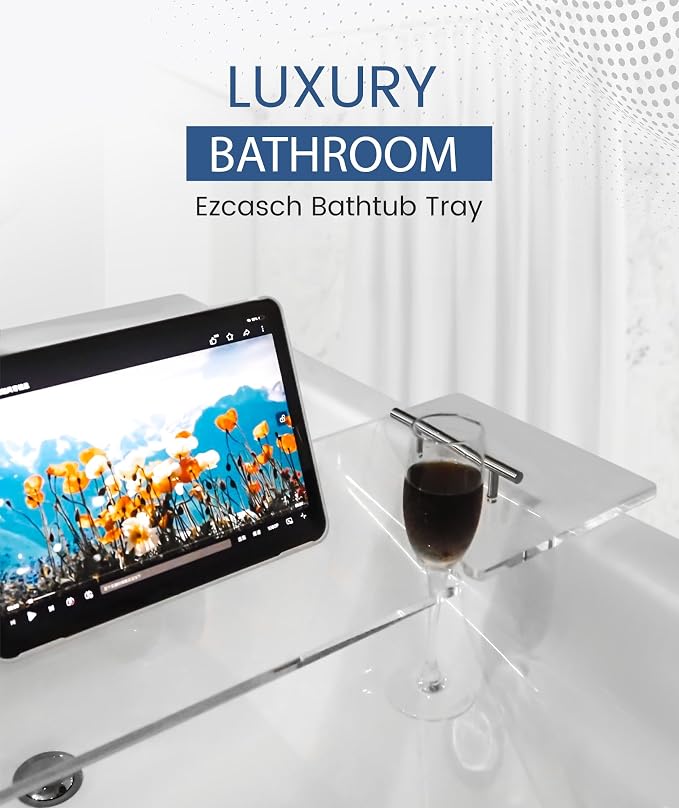 Acrylic Bathtub Tray Bathtub Tray Caddy Bath Tray Table for Tub Luxury Spa with Book and Wine Glass Holder Bathroom Accessories for Decorative Bathtubs, Transparent 31.5inch